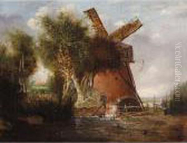 A Norfolk Landscape With A Windmill Oil Painting by Alfred Stannard