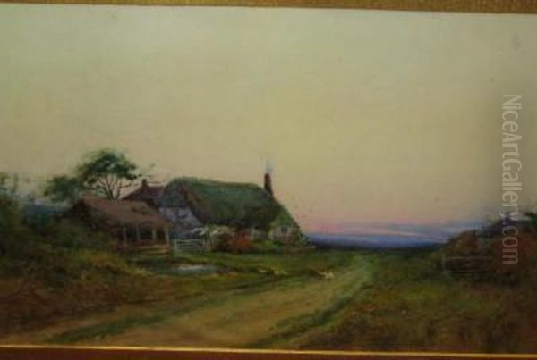 Geese Before A Thatched Cottage At Dusk Oil Painting by Henry Stannard