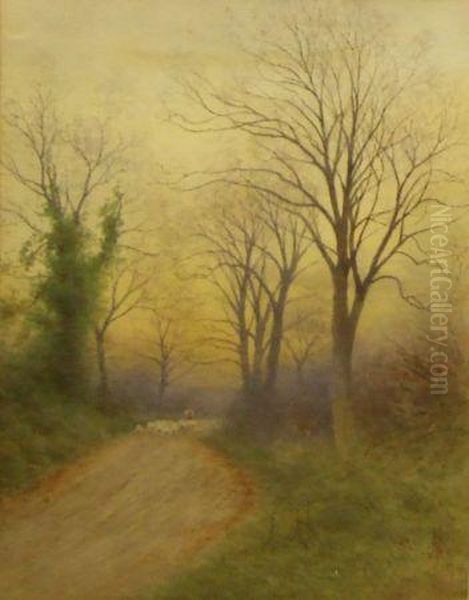 Shepherd And Sheep In A Country Track Oil Painting by Henry Stannard