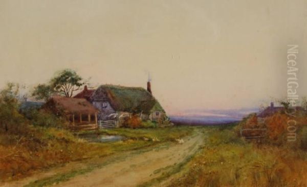 Thatched Rural Cottage At Sunset Oil Painting by Henry Stannard