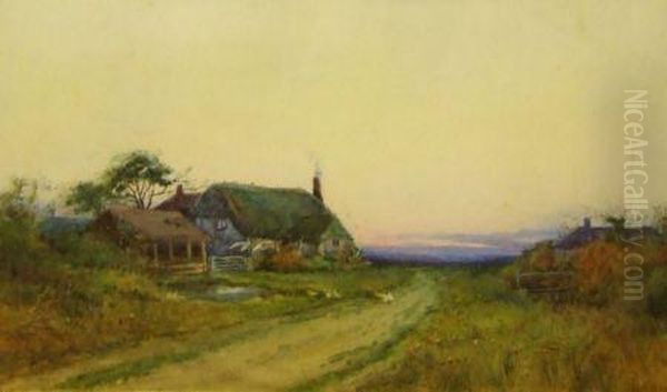 Domestic Poultry Before A Country Cottage At Sunset Oil Painting by Henry Stannard