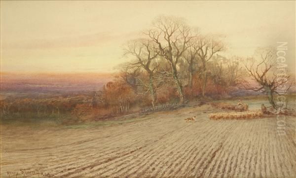 Pastures New, An Evening Scene In Early Autumn With Shepherd And Flock Oil Painting by Henry Stannard