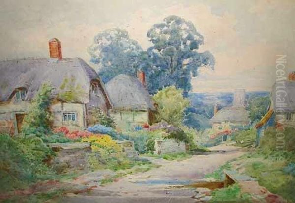 Thatched Cottages With Flower Gardens And Country Path In A Landscape Oil Painting by Henry Stannard