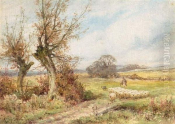 Shepherd And Flock Oil Painting by Henry Stannard