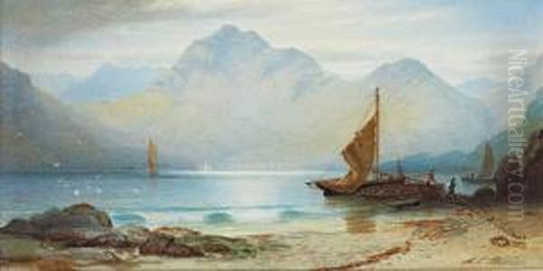 Lake And Mountains With Fishermen And Boats In Foreground Oil Painting by Anthony Carey Stannus