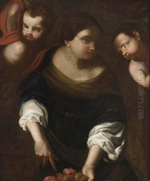 Woman With Plums And Flowers Together With Two Putti Oil Painting by Massimo Stanzione