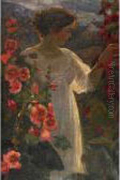 Young Girl Admiring Flowers Oil Painting by Owen B. Staples