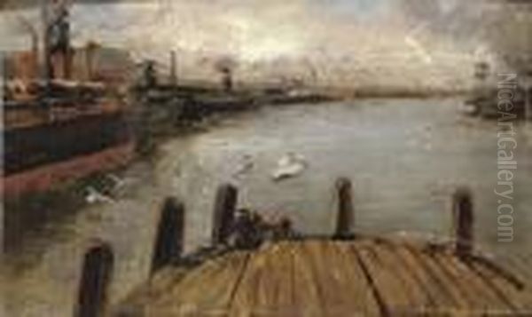 Figures On A Jetty With Ships Alongside, Belfast Harbour Oil Painting by Robert Ponsonby Staples