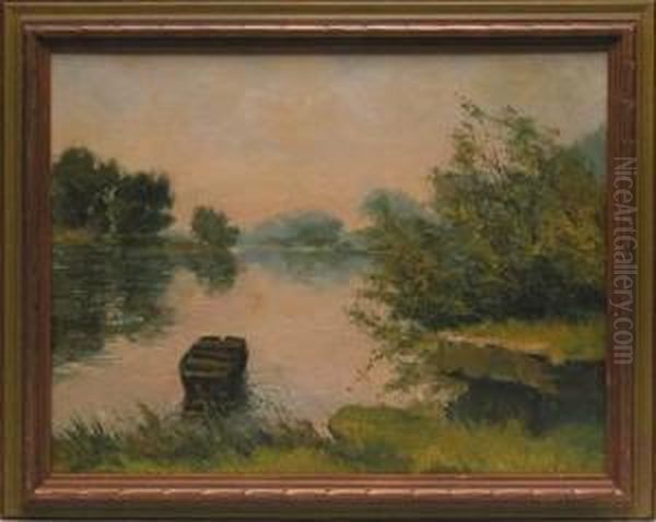 Rowboat On River Oil Painting by Otto Stark