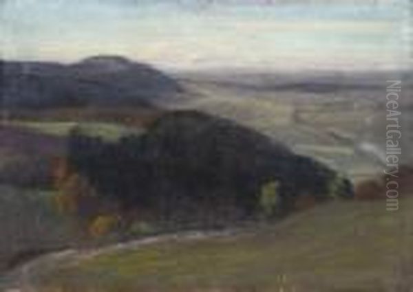 Landscape. Pastel On Carboard. Signed. - Scratches Oil Painting by Erwin Starker