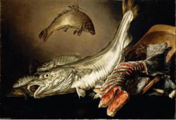 A Still Life Of Fish On A Stone Slab Oil Painting by Petrus Staverenus