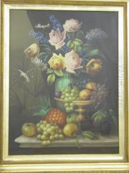 Still Life Study Of Flowers And Fruit On A Marble Table Oil Painting by Edwin Steele