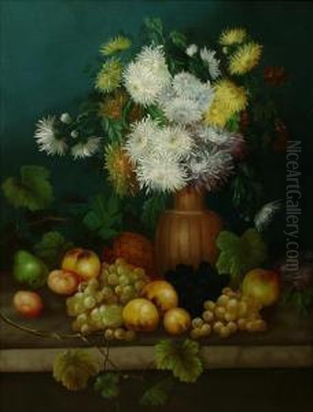 Still Life Of Fruitand Chrysanthemums In A Vase Oil Painting by Edwin Steele