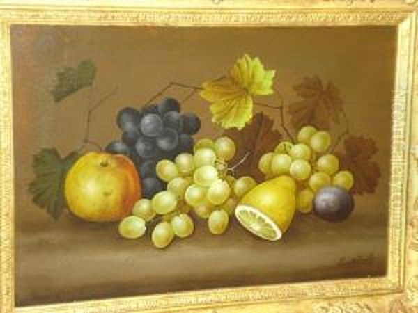 Still Life Studies Of Apples,grapes, Peaches And A Sliced Lemon Oil Painting by Edwin Steele