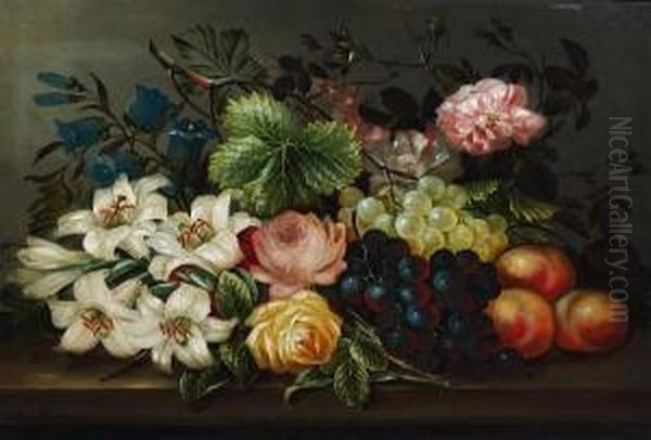 Roses, Lilies, Black And Green Grapes, Andpeaches On A Ledge Oil Painting by Edwin Steele