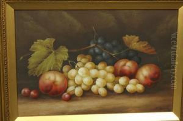 Still Life, Grapes, Peaches And Cherries On A Mossy Ground Oil Painting by Edwin Steele