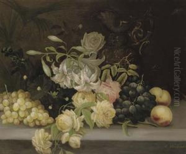 A Gourd, White And Black Grapes,
 Apples And A Pear With A Vase And A Jug On A Marble Ledge; And Lillies 
And Roses, Hollyhocks, Grapes And Peaches, And A Ewer, On A Stone Ledge Oil Painting by Edwin Steele