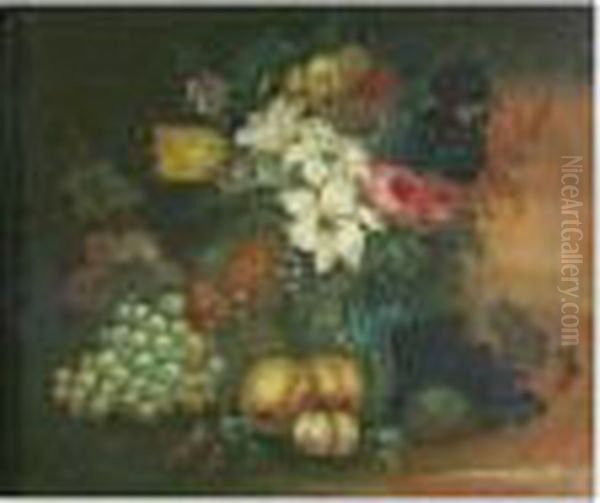 Still Life Of Flowers, Grapes, Peaches And Berries Oil Painting by Edwin Steele