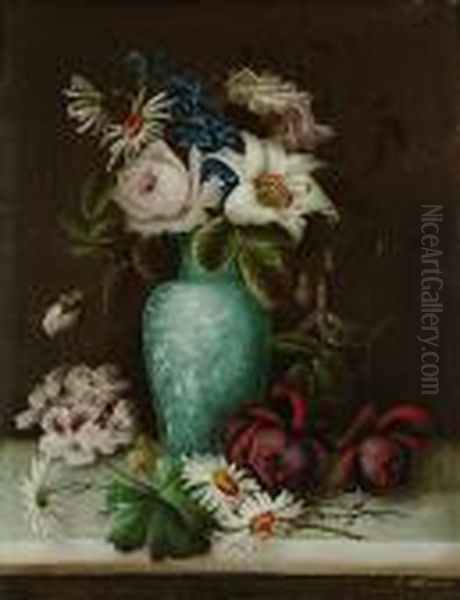 Still Life Of Flowers Displayed In A Vase On A Ledge Oil Painting by Edwin Steele