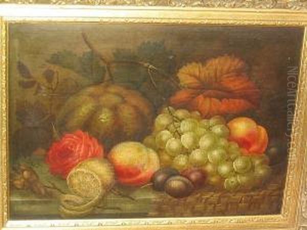 Still Life Of Grapes, Peaches, Plums, Lemon And Various Flowers And Foliage On A Ledge Oil Painting by Edwin Steele