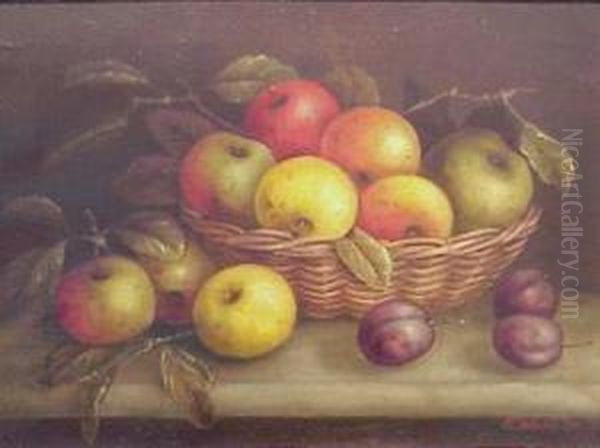 Apples And Plums And Basket Of Grapes: Pair Oil Painting by Edwin Steele