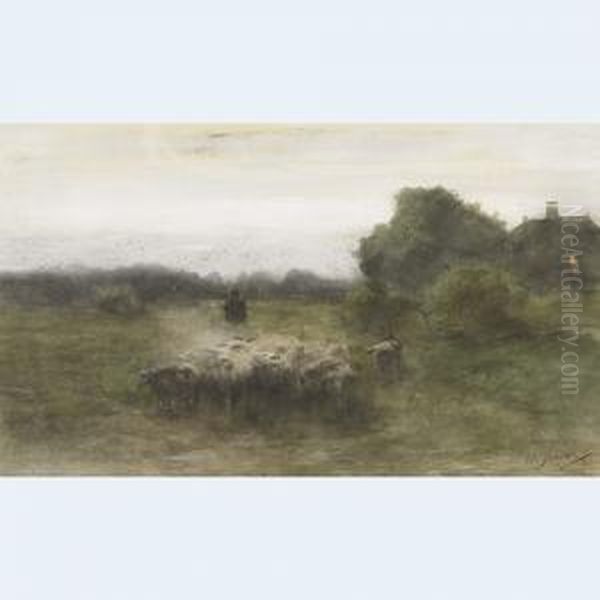 Shepherd And Flock At Twilight Oil Painting by Willem II Steelink