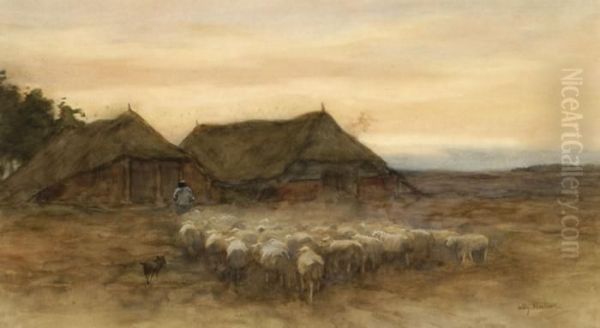 Sheep With Their Shepherd Oil Painting by Willem II Steelink