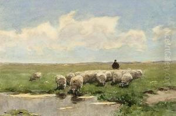 Shepherd And His Flock By A Fen Oil Painting by Willem II Steelink