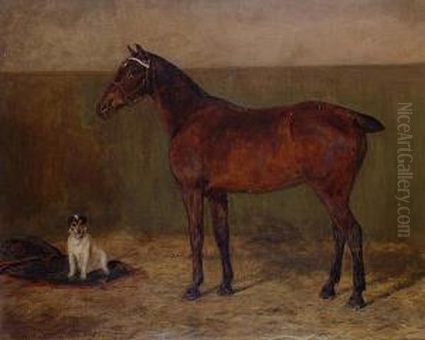 Carriage Horse And A Terrier In A Stable. Oil Painting by David George Steell