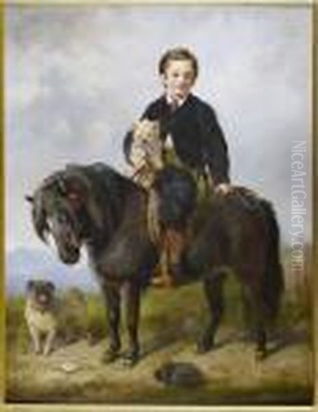 Portrait Study Of A Young Boy On A Shetland Pony Together With His Two Dogs Oil Painting by Gourlay Steell