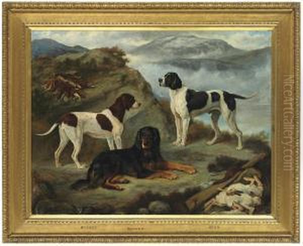 Sherry, Ranger, And Glen, Three Gundogs In A Highland Landscapewith The Day's Bag Oil Painting by Gourlay Steell