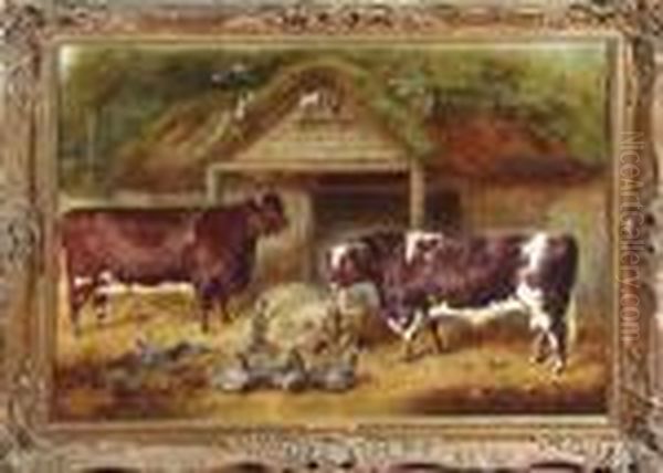 Short Horn Bull And Cow Oil Painting by Gourlay Steell