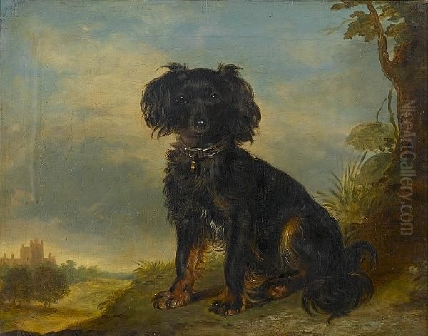 A Toy Terrier In A Landscape With A Baronial Hall In The Distance Oil Painting by Gourlay Steell