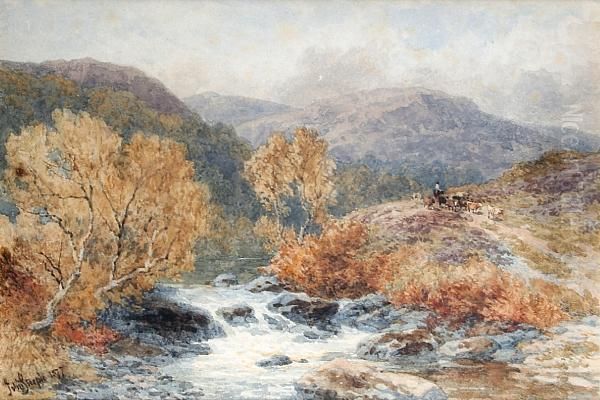 An Autumnal River Landscape, With Cattle On A Hillside Oil Painting by John Steeple