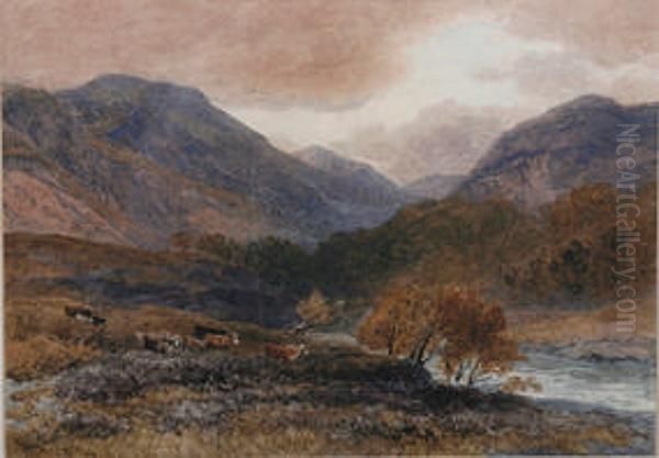 Cattle In A Highland River Landscape Oil Painting by John Steeple