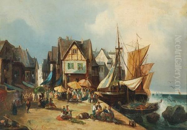 Veduta Portuale Di Mare Con Mercato Oil Painting by Luigi Steffani