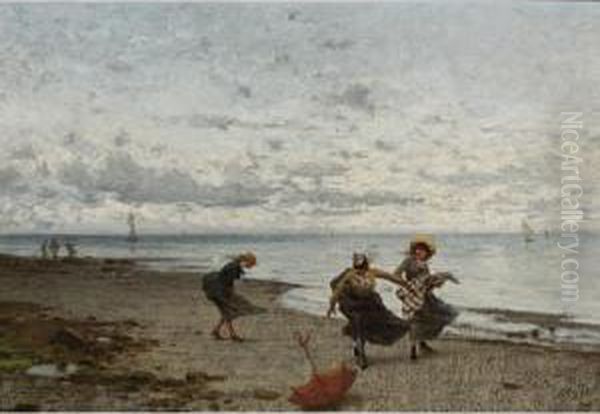 Windy Day At The Beach Oil Painting by Luigi Steffani