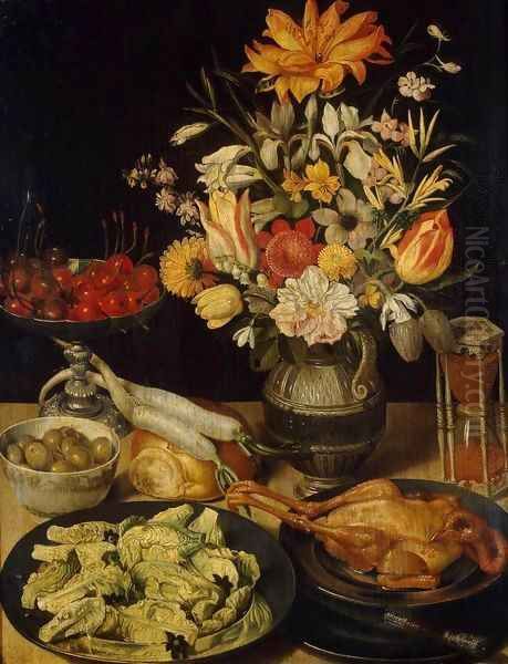 Still-Life with Flowers and Snacks Oil Painting by Georg Flegel