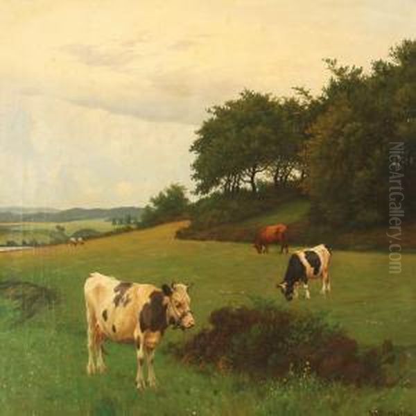 Summer Day With Grazing Cows Oil Painting by Poul Steffensen