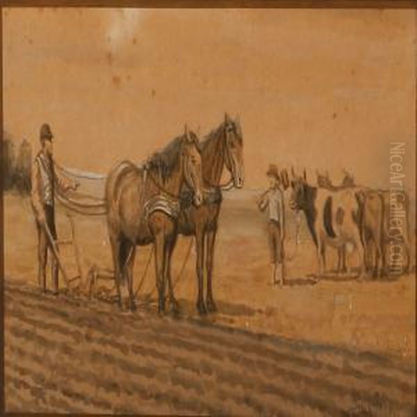 Harvest Scene With Farmers, Horses And Cattle Oil Painting by Poul Steffensen