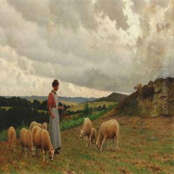 Hilly Landscape With A Woman And Sheep Oil Painting by Poul Steffensen