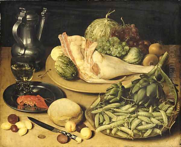 Artichokes and peas in the pod in a basket, a joint of pork, grapes, onions and cucumbers on a platter, a roemer and a crayfish on a pewter dish Oil Painting by Georg Flegel