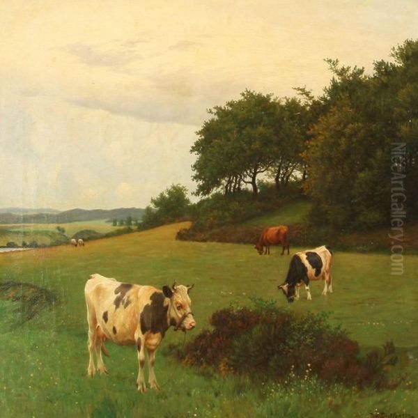 Summer Day Withgrazing Cows Oil Painting by Poul Steffensen