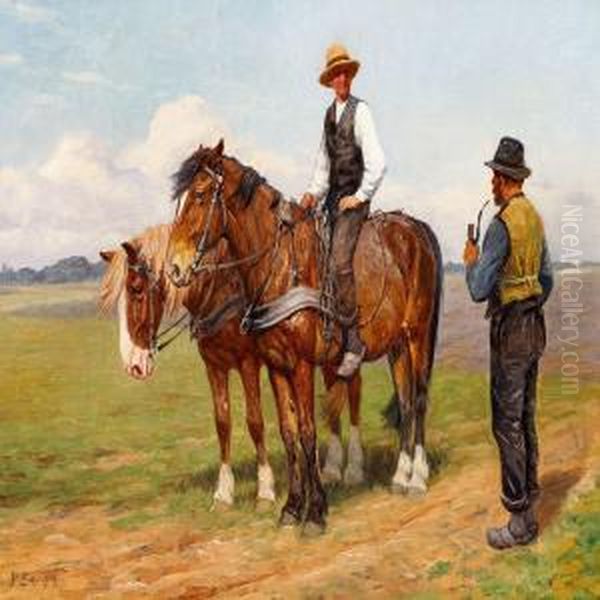 Two Farmers Chatting In The Field Oil Painting by Poul Steffensen