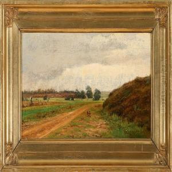 Field Landscape Withdark Clouds In The Horizon Oil Painting by Poul Steffensen