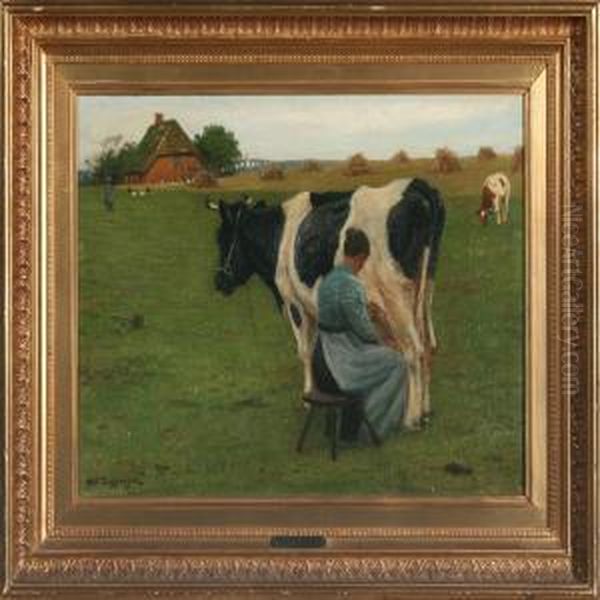 A Milkmaid In The Field Oil Painting by Poul Steffensen