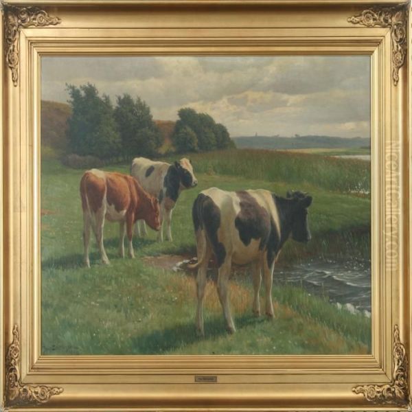 Grazing Cows By A Lake Oil Painting by Povl Steffensen