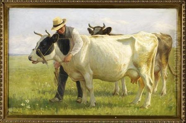 Tending The Cows Oil Painting by Povl Steffensen