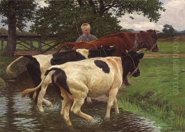 A Boy Herding Cattle Through A Stream Oil Painting by Povl Steffensen