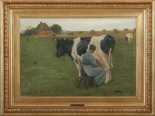 Milking The Cow Oil Painting by Povl Steffensen